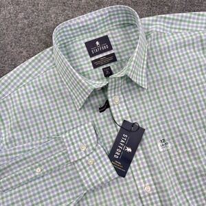 Stafford Regular Fit Blue Green Check L/S Performance Shirt 17 34-35 NWT Men's